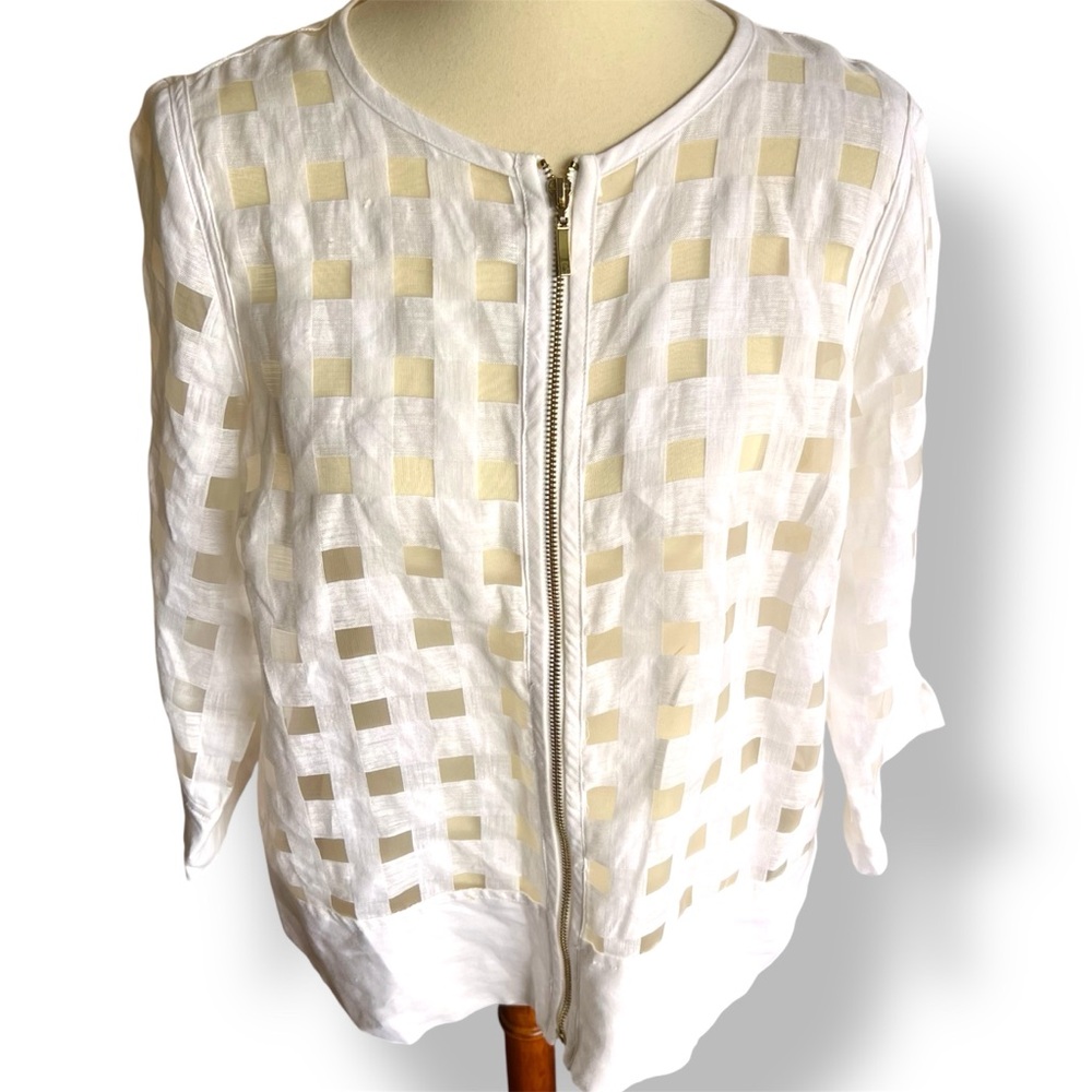 JM Collection P/L White Sheer Grid Linen Blend Zip Jacket Lightweight Layer